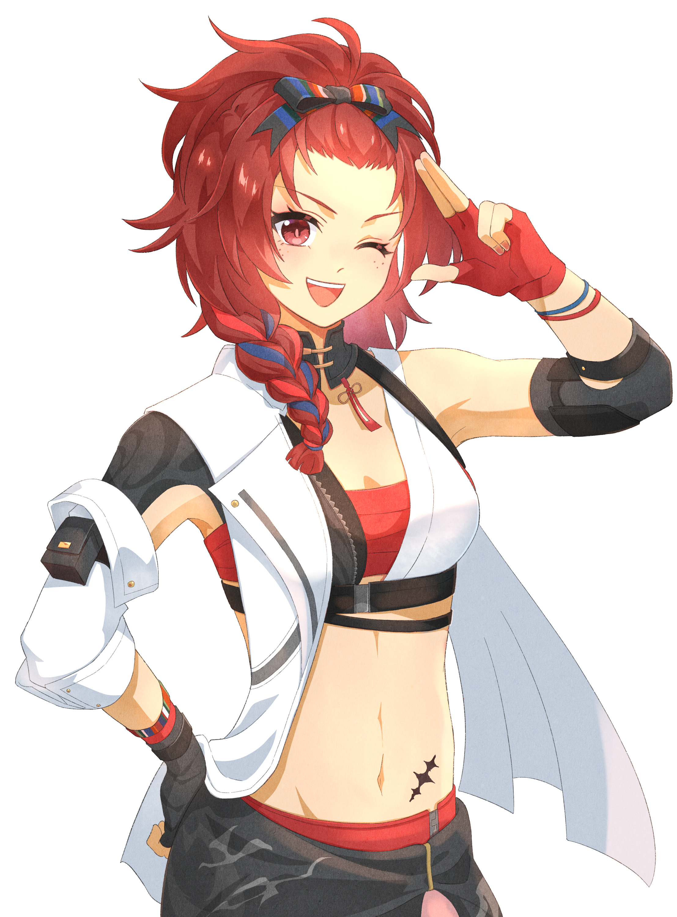 gebet610, chixia (wuthering waves), wuthering waves, absurdres, commentary request, highres, revision, 1girl, ;d, arm pouch, arm up, armpits, asymmetrical gloves, bangs pinned back, black gloves, bow, braid, breasts, chest sarashi, cleavage, clothes around waist, cowboy shot, detached collar, elbow sleeve, fingerless gloves, freckles, gloves, groin, hair bow, hand on own hip, long hair, looking at viewer, medium breasts, midriff, mismatched gloves, multicolored hair, navel, one eye closed, open mouth, red eyes, red gloves, red hair, red shorts, salute, sarashi, shirt, shirt around waist, shorts, sidelocks, simple background, single bare shoulder, single sleeve, smile, solo, standing, tacet mark (wuthering waves), teeth, two-finger salute, underbust, upper teeth only, white background, white shirt