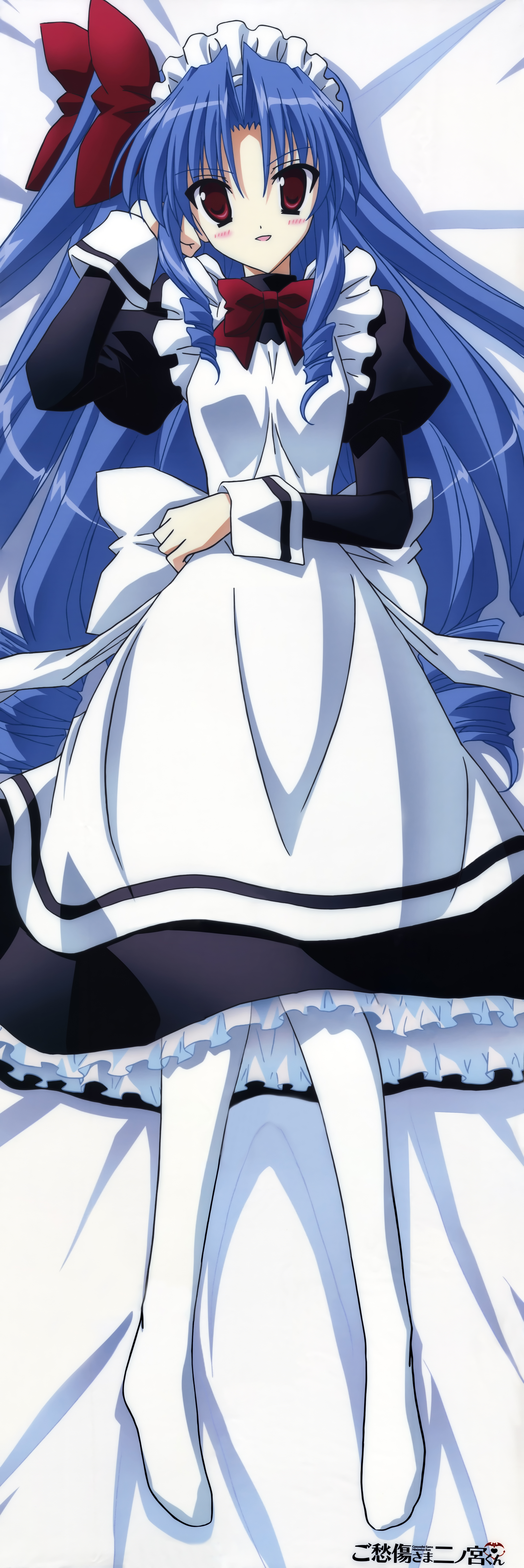 houjou reika, goshuushou-sama ninomiya-kun, absurdres, artist request, highres, long image, non-web source, tall image, 00s, apron, bed, blue hair, blush, bow, dakimakura (medium), full body, hairband, headband, long hair, lying, maid, maid apron, red eyes, solo, thighhighs, very long hair, white thighhighs