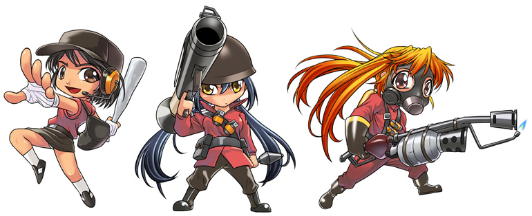 man (trance), pyro (tf2), red pyro (tf2), red scout (tf2), red soldier (tf2), scout (tf2), soldier (tf2), team fortress 2, gender request, 3girls, animification, bandaged hand, bandages, baseball bat, explosive, flamethrower, gas mask, genderswap, grenade, gun, hat, headset, helmet, holding, holding baseball bat, holding flamethrower, holding weapon, m1 bazooka, mask, multiple girls, rocket, rocket launcher, skirt, twintails, weapon