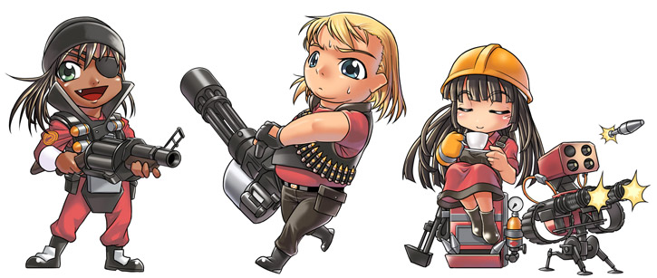 man (trance), demoman (tf2), engineer (tf2), heavy (tf2), red demoman (tf2), red engineer (tf2), red heavy (tf2), team fortress 2, gender request, 3girls, animification, bandolier, belt, blonde hair, blue eyes, blunt bangs, closed eyes, cup, dark-skinned female, dark skin, dispenser (tf2), drinking, explosive, eyepatch, fang, gatling gun, genderswap, green eyes, grenade launcher, gun, hard hat, helmet, hime cut, milkor mgl, minigun, missile, multiple girls, revolver grenade launcher, rocket launcher, saucer, sentry, sitting, skirt, teacup, weapon