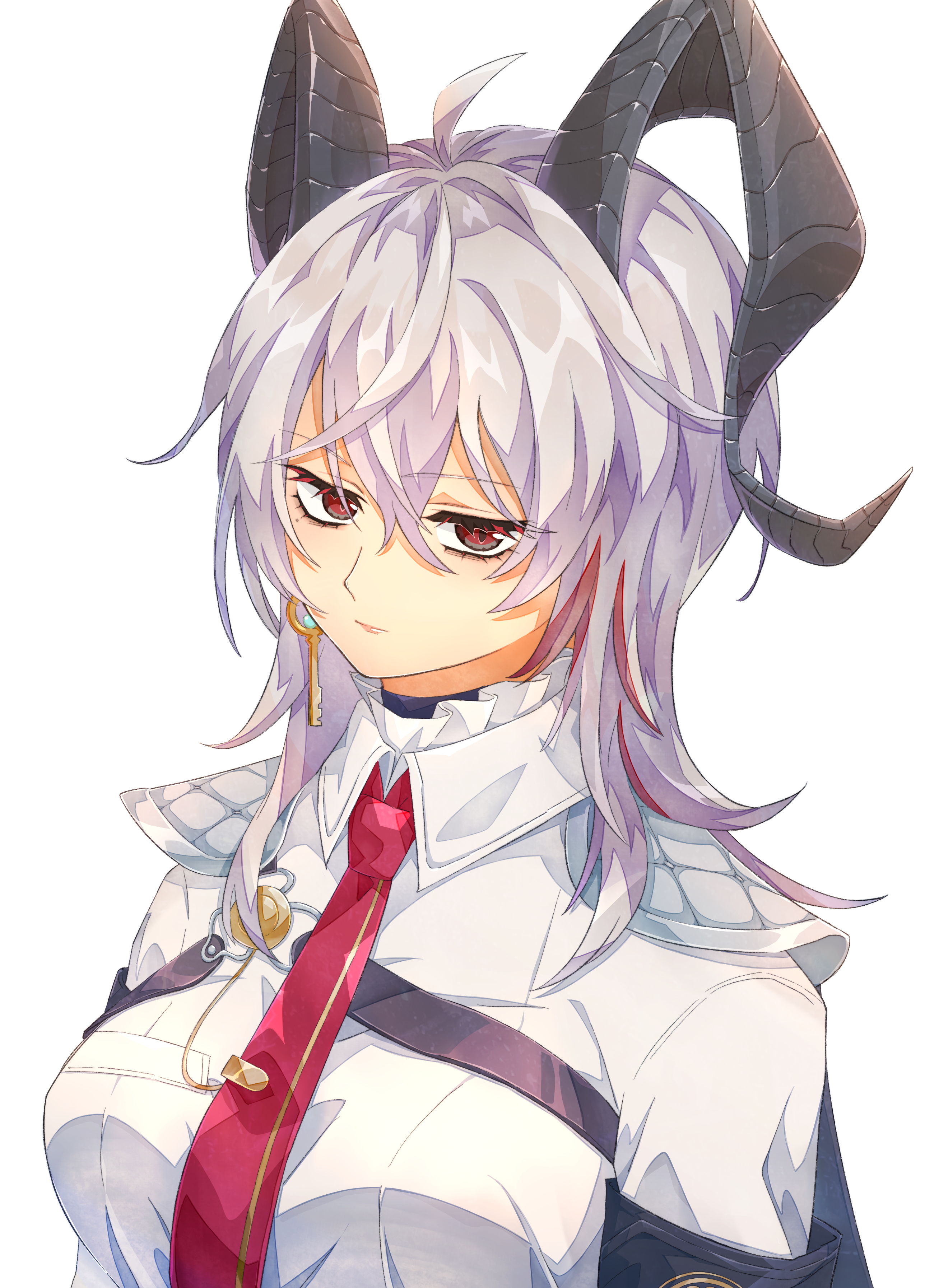gebet610, zani (wuthering waves), wuthering waves, absurdres, commentary request, highres, partial commentary, 1girl, ahoge, armband, black armband, black choker, black horns, black jacket, breasts, chest harness, choker, closed mouth, collared shirt, curled horns, earrings, hair between eyes, harness, horns, jacket, jacket on shoulders, jewelry, key earrings, long hair, looking at viewer, medium breasts, multicolored hair, necktie, red eyes, red necktie, shirt, simple background, solo, streaked hair, upper body, white background, white shirt