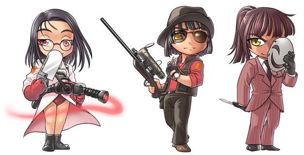 man (trance), medic (tf2), red medic (tf2), red sniper (tf2), red spy (tf2), sniper (tf2), spy (tf2), team fortress 2, striped, gender request, 3girls, animification, balisong, bespectacled, black hair, bonesaw, cowboy hat, formal clothes, genderswap, glasses, gun, hat, knife, mask, multiple girls, panties, pinstripe pattern, pinstripe suit, ponytail, red eyes, rifle, saw, short hair, sniper rifle, suit, sunglasses, underwear, vest, weapon, yellow eyes