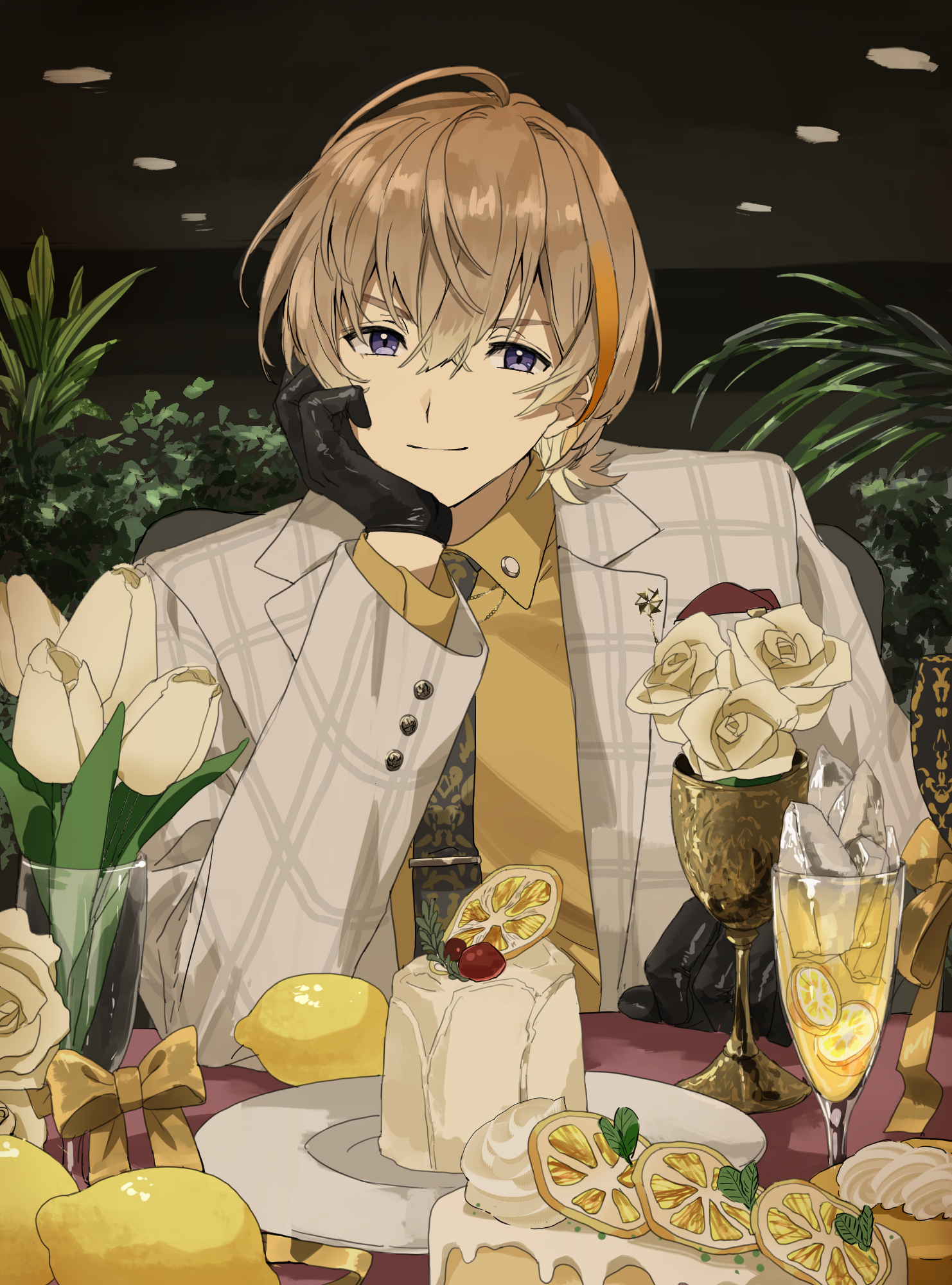 matsuhago, fura kanato, nijisanji, hashtag-only commentary, highres, 1boy, black gloves, black necktie, brown hair, closed mouth, collared shirt, flower, food, fruit, gloves, indoors, jacket, lemon, lemonade, looking at viewer, male focus, necktie, plate, purple eyes, shirt, short hair, smile, solo, table, tulip, virtual youtuber, white flower, white jacket, white tulip, yellow shirt