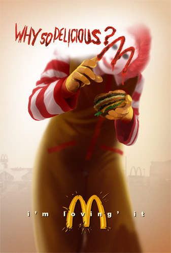 man (trance), ronald mcdonald, the joker, batman (series), dc comics, mcdonald's, the dark knight, striped, lowres, 1boy, afro, bad food, burger, creepy, english text, facepaint, food, gloves, horror (theme), ketchup, male focus, parody, red hair, satire, short hair, smile, solo, why so serious, yellow gloves