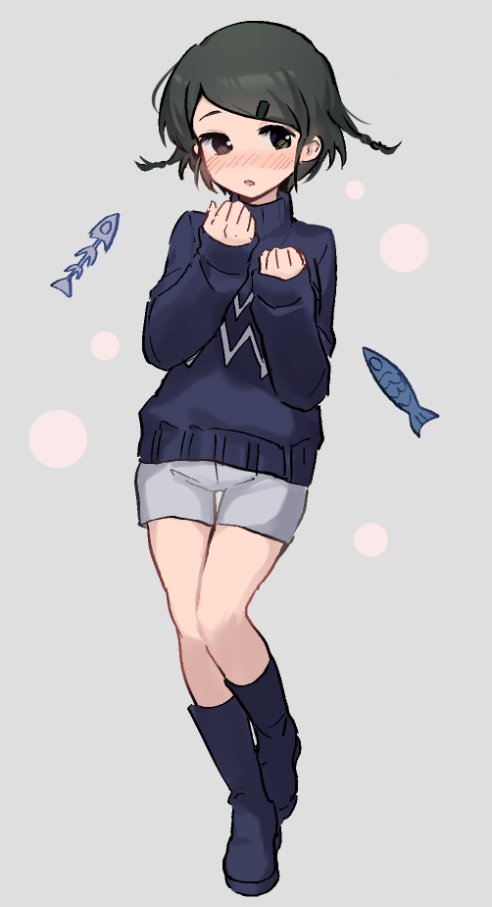 zahyou233, commentary request, 1girl, black hair, blue boots, blue sweater, blush, boots, fish, fish skeleton, full body, grey background, grey shorts, hair ornament, hairpin, hands up, knee boots, long sleeves, looking at viewer, nose blush, open mouth, short braid, short hair, short shorts, shorts, sleeves past wrists, solo, sweater, turtleneck, turtleneck sweater, wormiko, yume tsushin