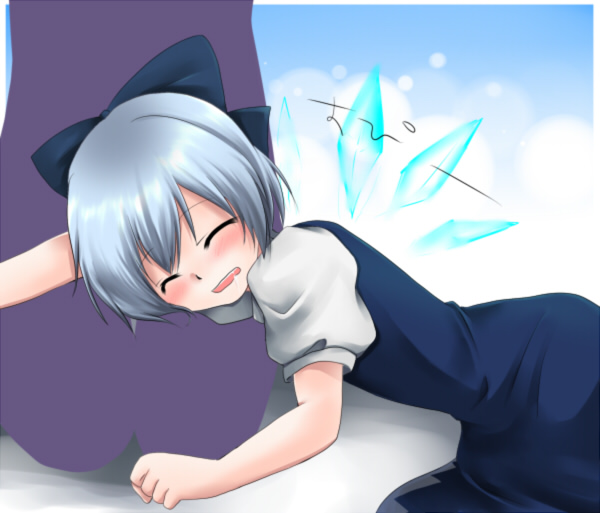 marimo danshaku, msan, cirno, touhou, bad id, bad pixiv id, 1girl, dress, female focus, sleeping, solo