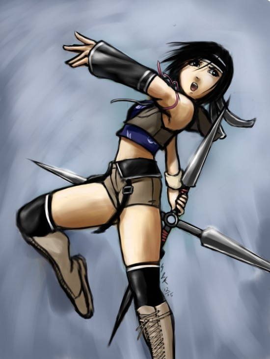 gts, ninja (final fantasy), yuffie kisaragi, final fantasy, final fantasy vii, final fantasy vii advent children, 00s, 1990s (style), 1girl, black eyes, black hair, boots, detached sleeves, female focus, headband, ninja, retro artstyle, ribbon, short hair, shorts, shuriken, solo, thighhighs, vest, weapon