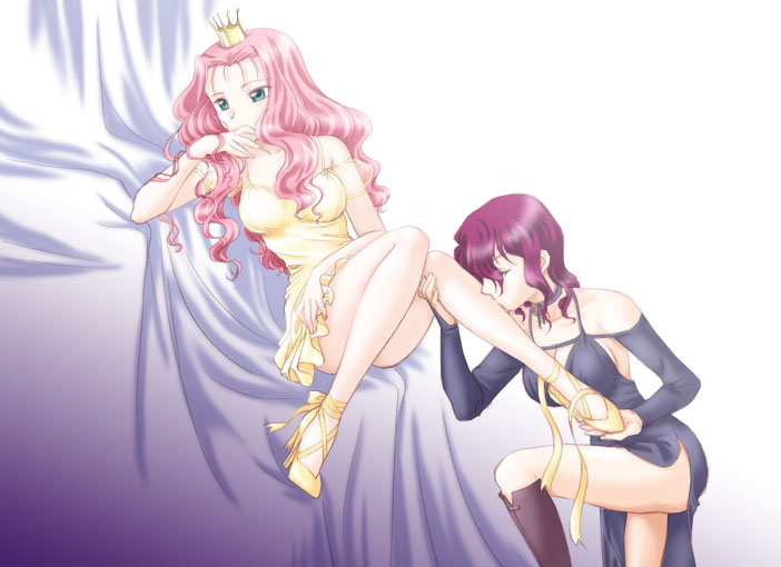 obana (artist), neviril (simoun), paraietta (simoun), simoun, 00s, 2girls, crown, high heels, licking, licking leg, multiple girls, pink hair, red hair, shoes, yuri