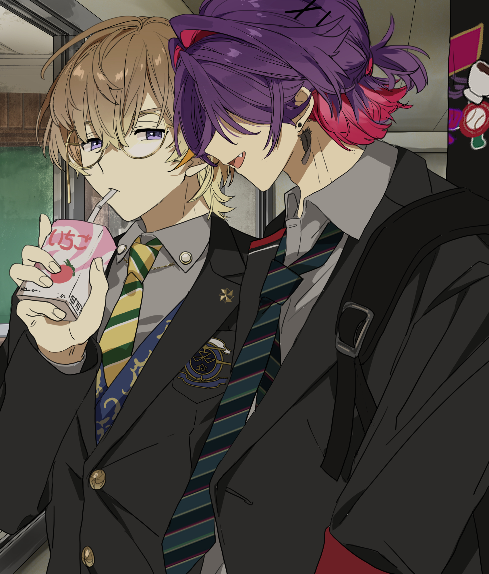 matsuhago, fura kanato, fura kanato (school uniform), watarai hibari, watarai hibari (school uniform), nijisanji, highres, 2boys, black jacket, brown hair, collared shirt, colored inner hair, drinking, drinking straw, glasses, grey shirt, half updo, indoors, jacket, looking at another, male focus, multicolored hair, multiple boys, necktie, official alternate costume, purple eyes, purple hair, round eyewear, school uniform, shirt, short hair, strawberry milk, two-tone hair, upper body, virtual youtuber