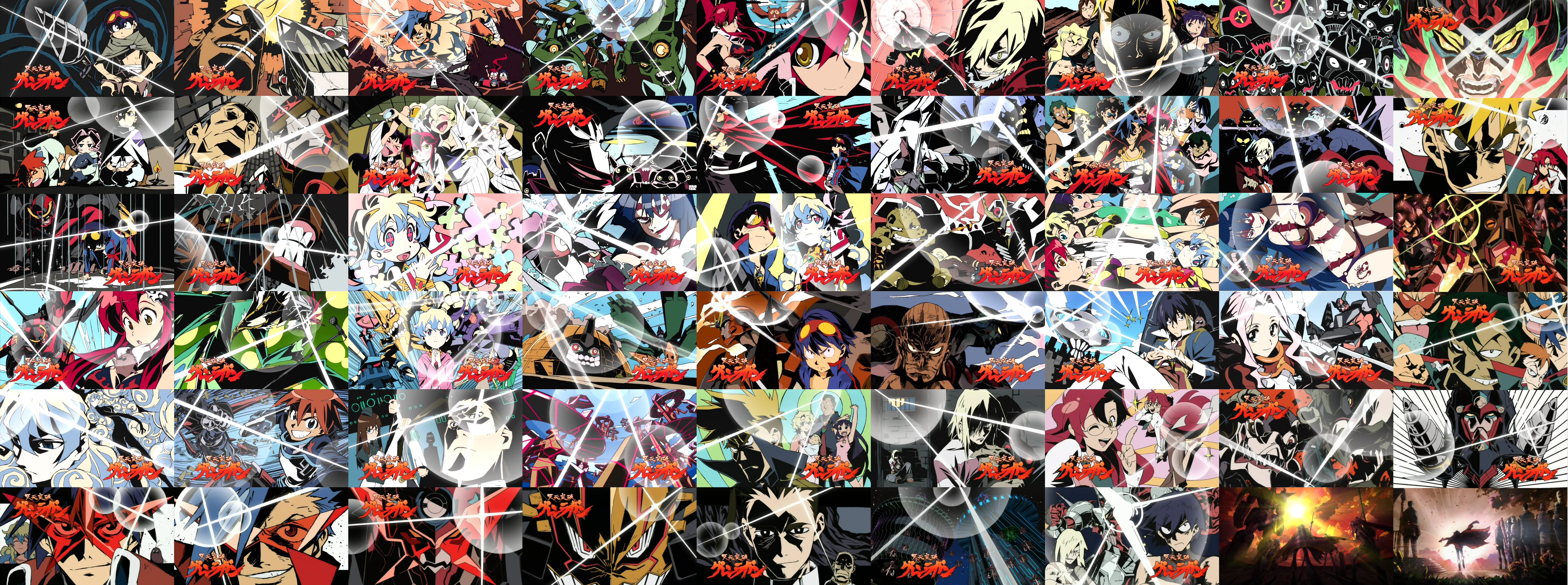 adai village chief, adiane, ailac coega, antispiral nia, arc gurren-lagann, barinbo, boota (ttgl), chouginga dai-gurren, chouginga gurren-lagann, cytomander, dai-gunzan, darry adai, dayakkaiser, enki (juuni kokuki), enki (ttgl), enkidu (ttgl), gember, giha village chief, gimmy adai, guame, gurren-lagann, jogan, kamina (ttgl), kidd coega, king kittan, kinon bachika, kittan bachika, kiyal bachika, kiyoh bachika, lagann, lazengann, leeron littner, lordgenome, makken, nia teppelin, rossiu adai, sayrune, simon (ttgl), tengen toppa gurren-lagann (mecha), thymilph, viral (ttgl), yoko littner, zoushi kanai, tengen toppa gurren lagann, absurdres, anime screenshot, highres, huge filesize, long image, wide image, 00s, 6+boys, 6+girls, collage, everyone, eyecatch, high contrast, multiple boys, multiple girls