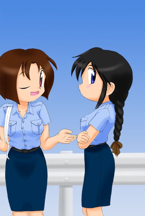 saikuro, kobayakawa miyuki, tsujimoto natsumi, taiho shichauzo, 2girls, black hair, blue eyes, brown hair, chibi, guard rail, japan national police, long hair, miniskirt, multiple girls, one eye closed, pencil skirt, police, police uniform, policewoman, profile, red eyes, short hair, skirt, wink
