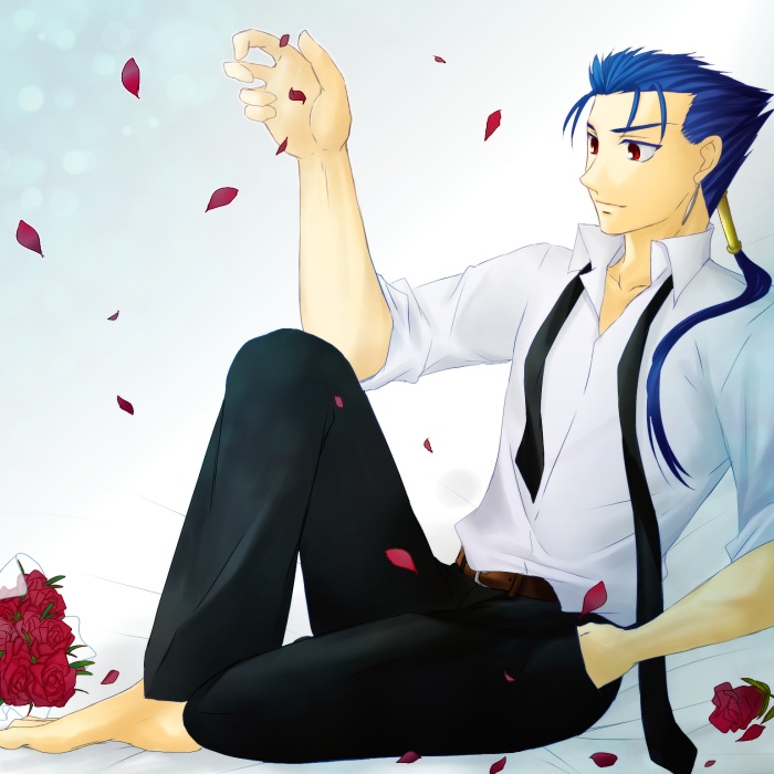 akiha, akiha (ominaeshi), cu chulainn (fate), cu chulainn (lancer) (fate), fate/stay night, fate (series), 00s, 1boy, flower, low ponytail, male focus, necktie, petals, ponytail, red flower, red rose, rose, rose petals, solo, undone necktie