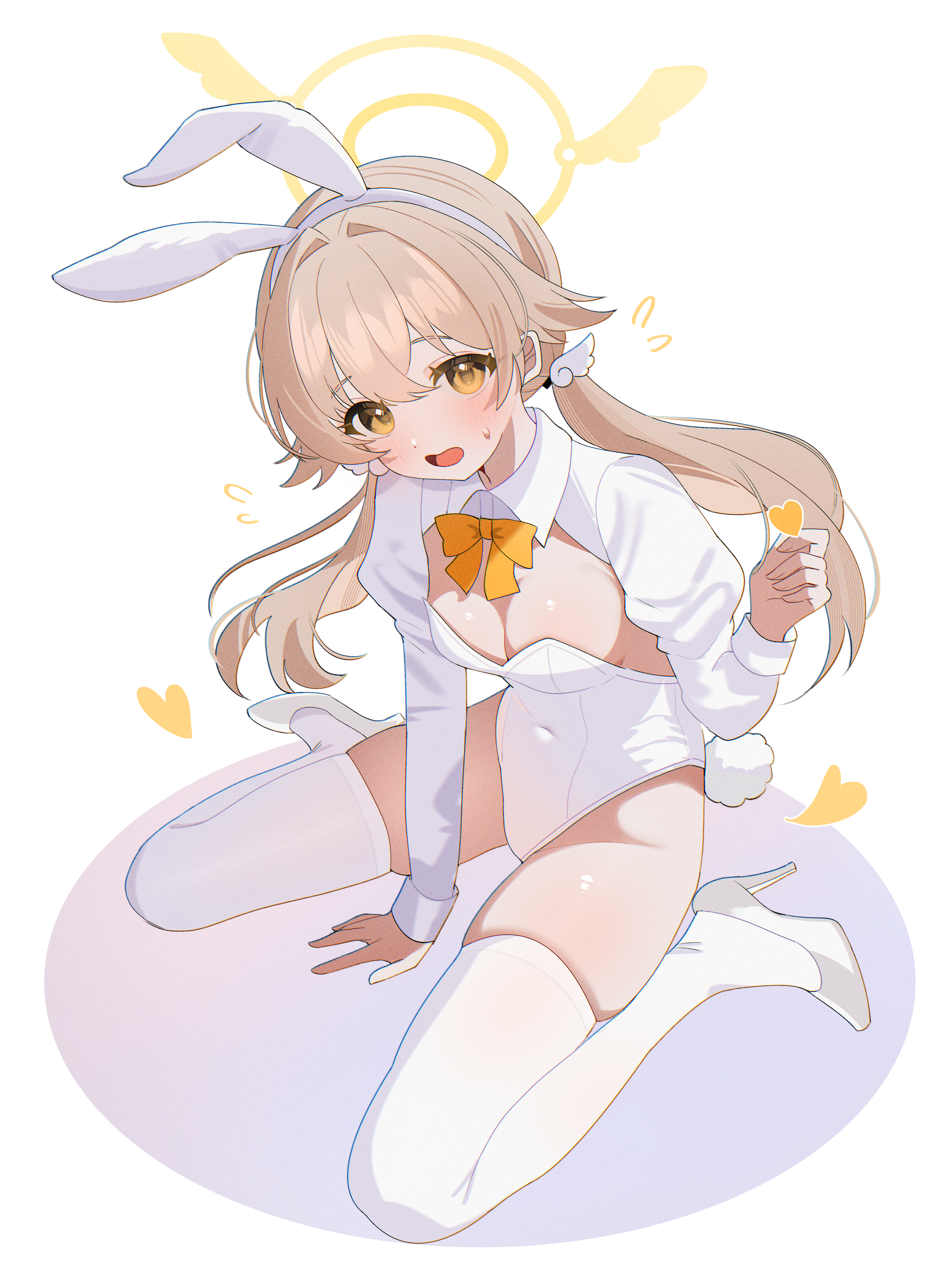 shusuchii, hifumi (blue archive), blue archive, absurdres, commentary, highres, symbol-only commentary, 1girl, alternate costume, animal ear hairband, animal ears, blush, bow, bowtie, breasts, brown hair, covered navel, fake animal ears, fake tail, full body, hairband, halo, high heels, highleg, highleg leotard, leotard, long hair, long sleeves, looking at viewer, low twintails, open mouth, orange bow, orange bowtie, playboy bunny, rabbit ear hairband, rabbit ears, rabbit tail, shoes, shrug (clothing), sitting, small breasts, small sweatdrop, solo, strapless, strapless leotard, tail, thighhighs, twintails, wariza, white leotard, white shoes, white shrug, white thighhighs, yellow eyes, yellow halo