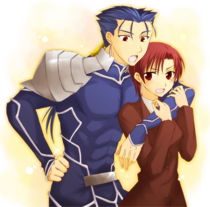 akiha, akiha (ominaeshi), bazett fraga mcremitz, cu chulainn (fate), cu chulainn (fate/stay night), cu chulainn (lancer) (fate), fate/hollow ataraxia, fate/stay night, fate (series), 00s, 1boy, 1girl, formal clothes, hetero, hug, hug from behind, pant suit, pants, suit