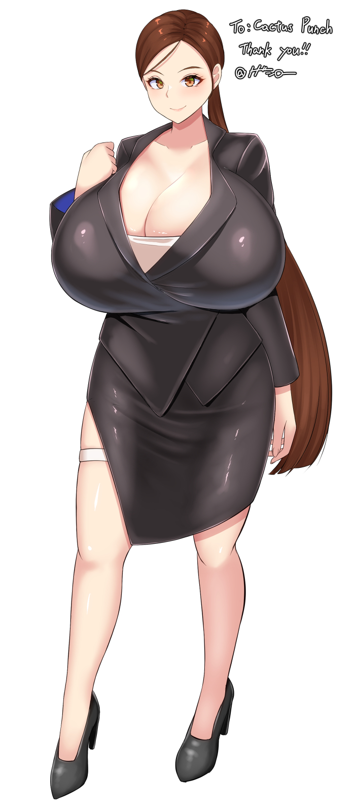todoshiroh, horizon walker, highres, 1girl, arm up, black skirt, black suit, breasts, brown eyes, brown hair, business suit, cleavage, collarbone, formal clothes, full body, gigantic breasts, light blush, lips, long hair, long sleeves, looking at viewer, low ponytail, office lady, parted bangs, ponytail, simple background, skirt, smile, solo, standing, suit, white background, yeon chae-young (horizon walker)