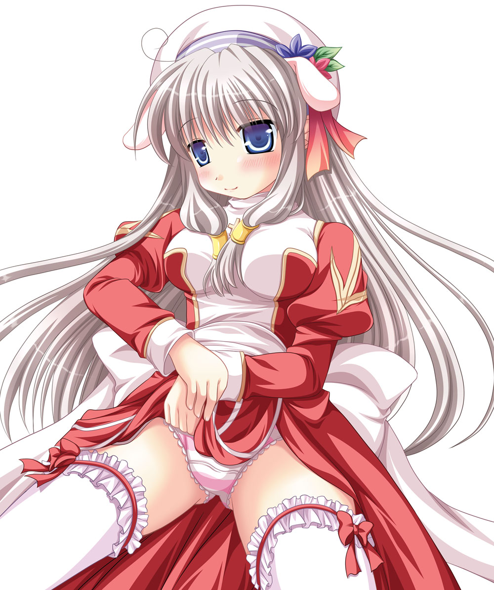 furukawa lemon, high priest (ragnarok online), ragnarok online, silver hair, blue eyes, blush, clothes lift, dress, dress lift, long hair, panties, striped clothes, striped panties, thighhighs, underwear