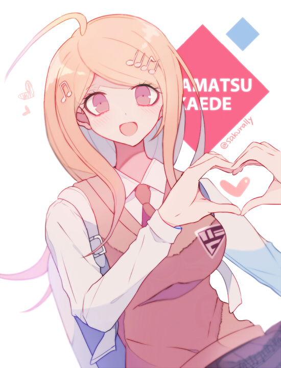 sakura (fein5862817), amami rantaro, danganronpa (series), danganronpa v3: killing harmony, commentary request, 1girl, aegyo sal, ahoge, backpack, bag, blonde hair, breasts, buckle, character name, collared shirt, cowboy shot, crest, diamond (shape), dot nose, eyelashes, fortissimo, hair ornament, hairclip, happy, heart, heart hands, large breasts, light blush, long hair, long sleeves, looking at viewer, musical note, musical note hair ornament, necktie, open mouth, pink vest, pleated skirt, print skirt, purple eyes, purple skirt, red necktie, shirt, skirt, smile, solo, twitter username, v-neck, vest, white background, white bag, white shirt