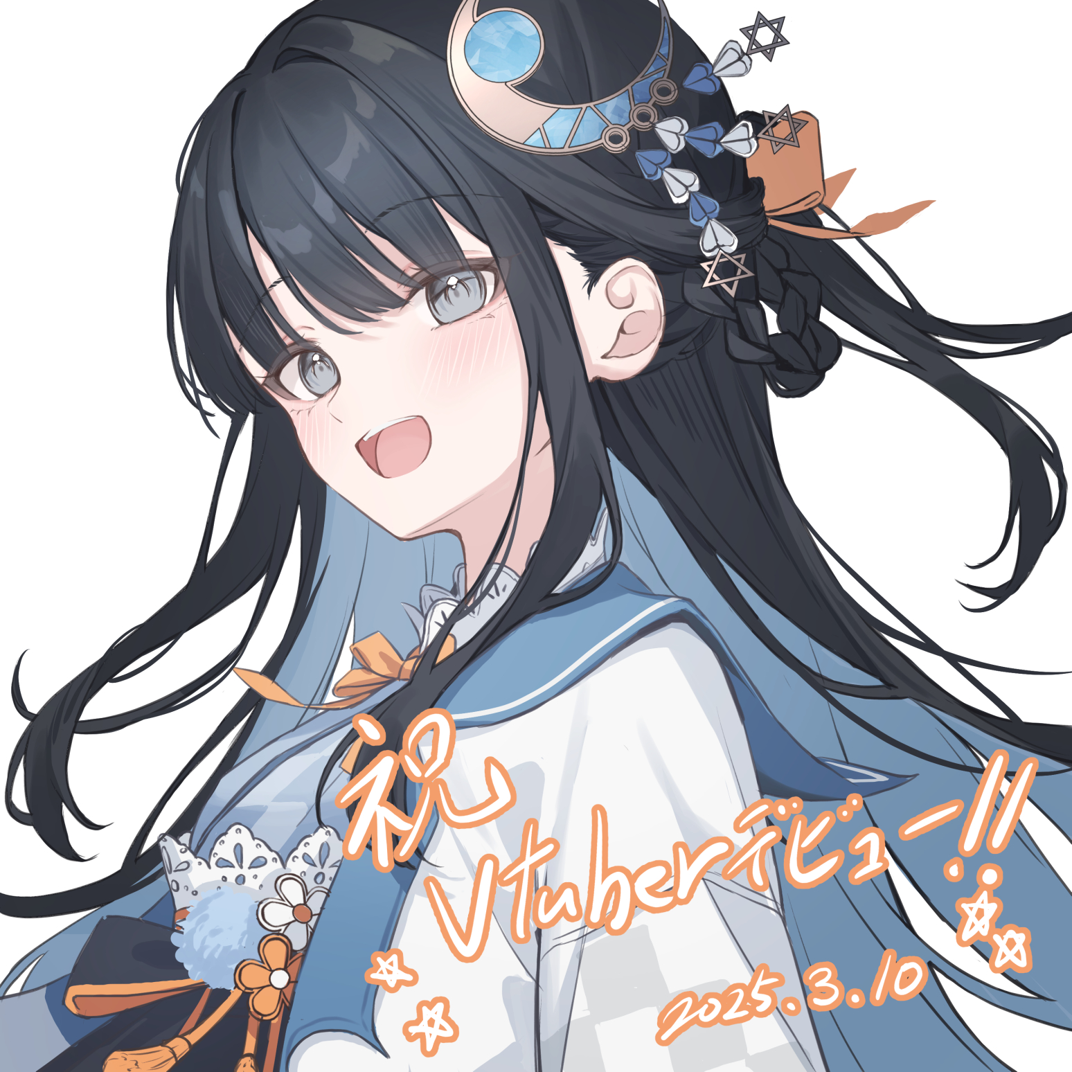 amane utata, stardust virtual studio, highres, 1girl, black hair, braid, crescent, hair ornament, mizuki seika, smile, star (symbol), star hair ornament, upper body, virtual youtuber