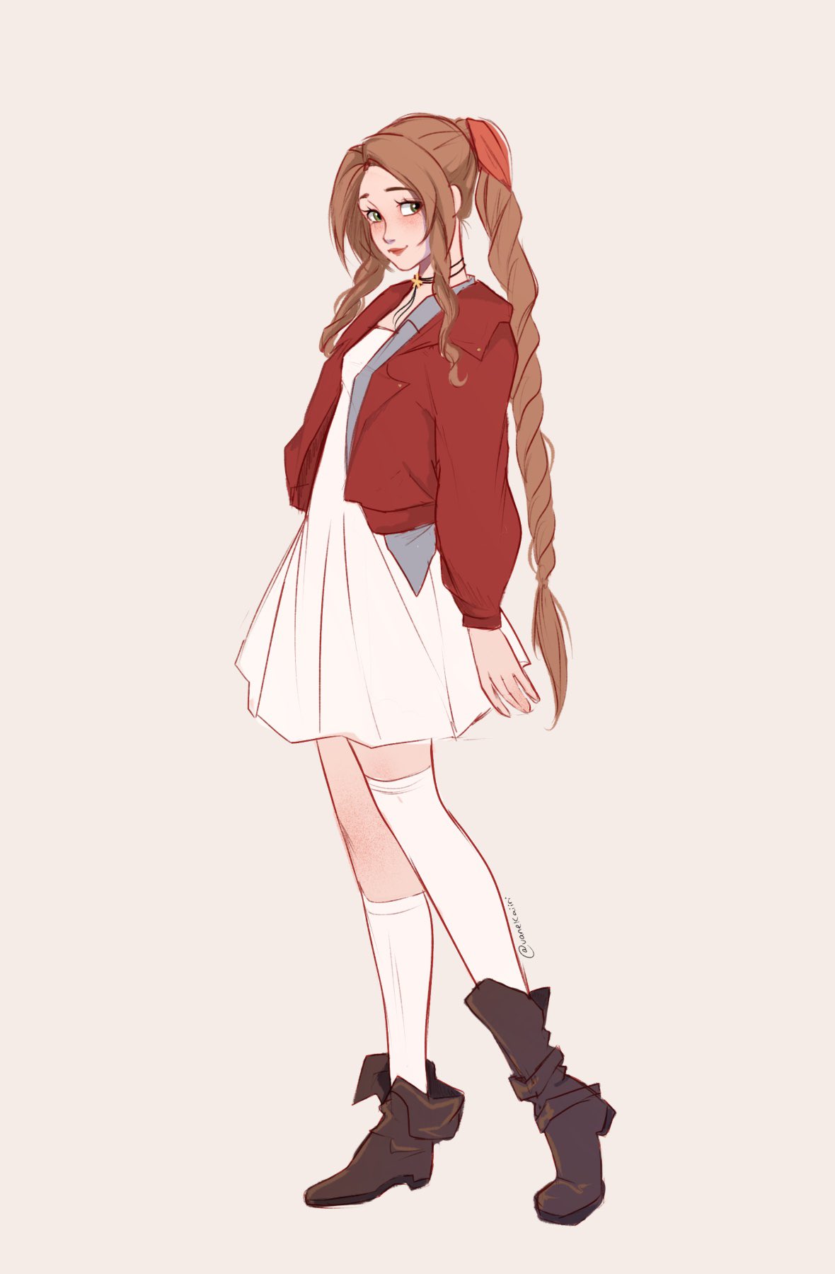 vanekairi, aerith gainsborough, final fantasy, final fantasy vii, highres, alternate costume, asymmetrical legwear, blue shirt, boots, braid, braided ponytail, breasts, brown boots, brown hair, choker, closed mouth, collared shirt, dress, flower choker, full body, green eyes, grey background, hair ribbon, jacket, light blush, light smile, long hair, long sleeves, medium breasts, parted bangs, red jacket, red ribbon, ribbon, shirt, short dress, sidelocks, single braid, single thighhigh, socks, standing, thighhighs, twitter username, white dress, white socks, white thighhighs
