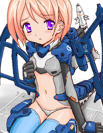 takayaki, zoids, lowres, 1girl, female focus, flat chest, kneeling, mecha musume, missile, navel, oekaki, panties, pink hair, purple eyes, revealing clothes, short hair, solo, thighhighs, underwear