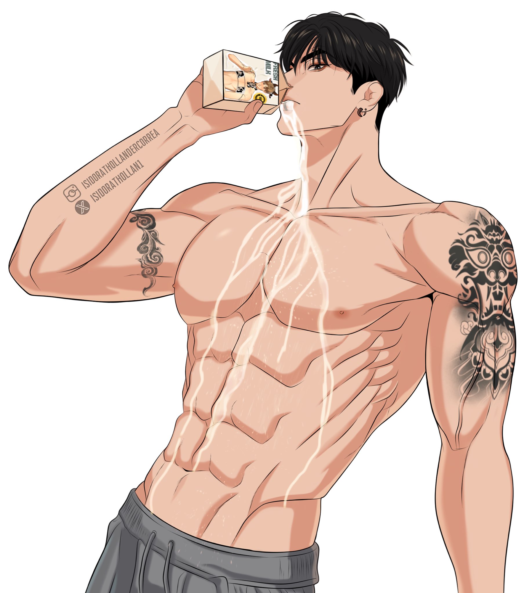 isidorathollan1, joo jaekyung, jinx (manhwa), highres, 1boy, abs, arm tattoo, bara, biceps, black eyes, black hair, earrings, food on body, holding, holding milk carton, jewelry, large pectorals, male focus, milk, milk carton, muscular, pants, pectorals, short hair, simple background, solo, stomach, sweatpants, tattoo, topless male, upper body, veins, white background