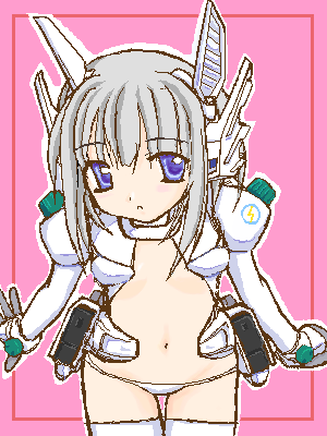 takayaki, konig wolf, zoids, silver hair, lowres, 1girl, bent over, blue eyes, female focus, flat chest, lowleg, lowleg panties, mecha musume, navel, panties, revealing clothes, solo, thigh gap, thighhighs, thighs, underwear