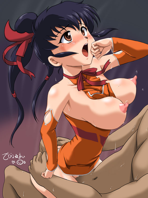 toushi ryoku, lisa pacifist, final fantasy, final fantasy unlimited, square enix, 00s, 1girl, black hair, blush, breasts, dark-skinned male, dark skin, detached sleeves, elbow gloves, gloves, hair ribbon, interracial, large breasts, nipples, penis, ponytail, puffy nipples, ribbon, sex, solo focus, sweat, vaginal