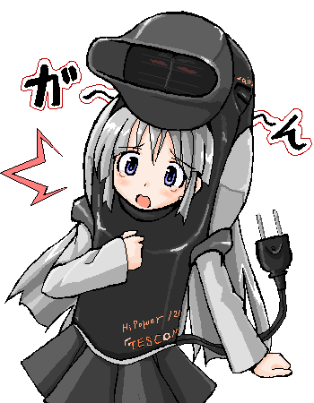 takayaki, hair dryer-tan, silver hair, lowres, blue eyes, electric plug, hair dryer, long hair, oekaki, personification, solo, surprised, tears