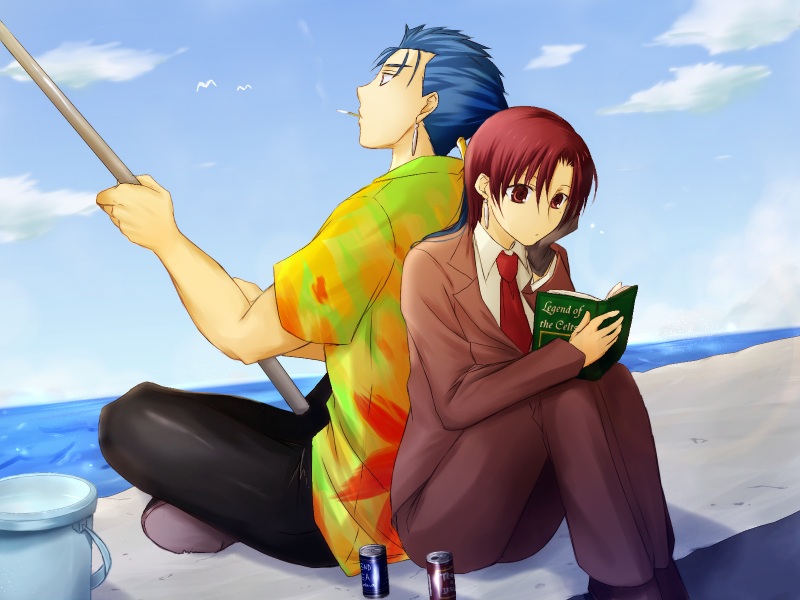 akiha, akiha (ominaeshi), bazett fraga mcremitz, cu chulainn (aloha shirt) (fate), cu chulainn (fate), cu chulainn (lancer) (fate), fate/hollow ataraxia, fate/stay night, fate (series), bad id, bad pixiv id, 00s, 1boy, 1girl, book, cigarette, fishing, fishing rod, formal clothes, holding, holding fishing rod, official alternate costume, pant suit, pants, smoking, suit