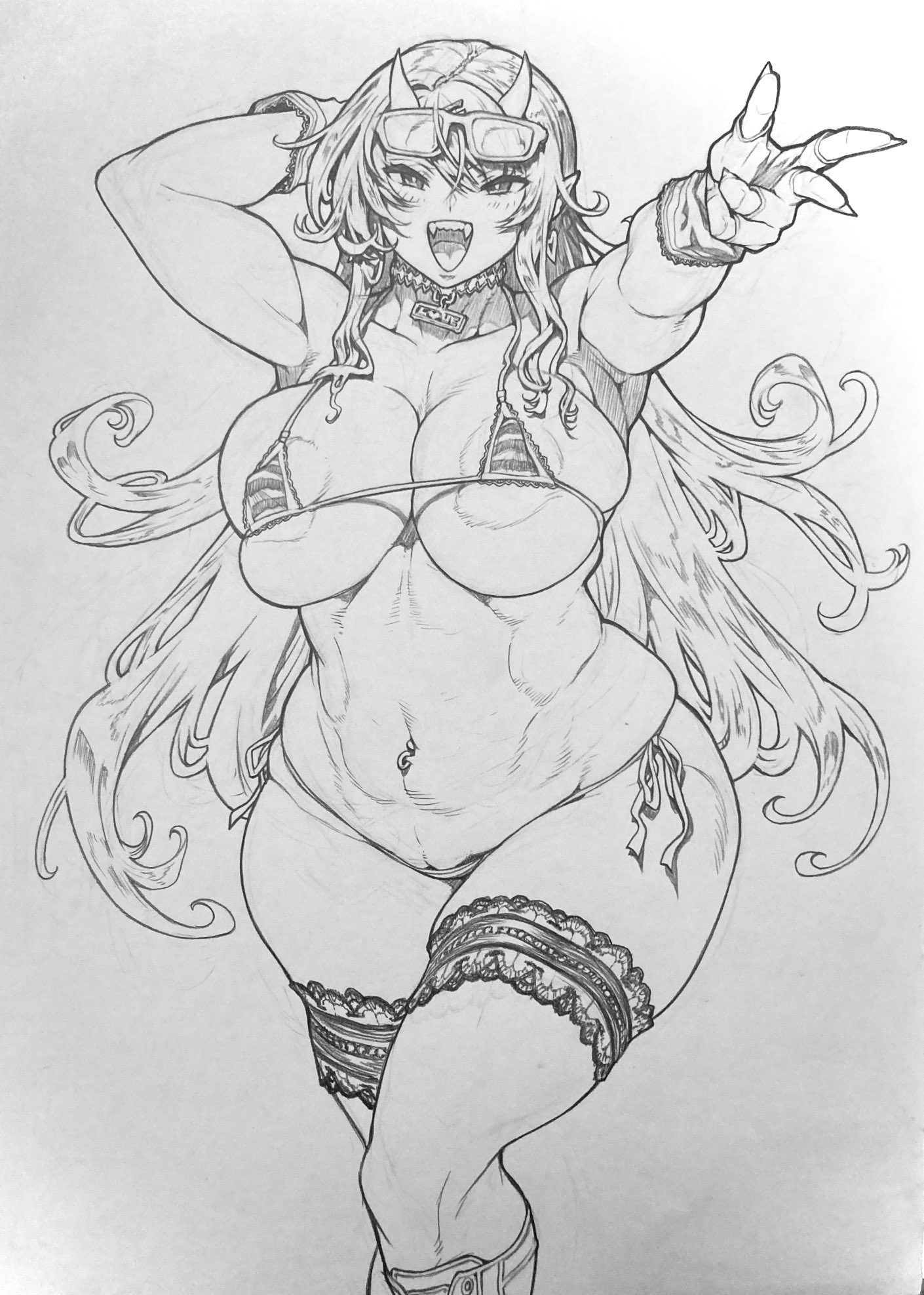 francis (taimanin asagi), taimanin (series), taimanin rpgx, artist request, highres, traditional media, 1girl, bikini, blush, breasts, curvy, demon girl, large breasts, long hair, monochrome, navel piercing, piercing, side-tie bikini bottom, swimsuit, thong, thong bikini, very long hair, wide hips