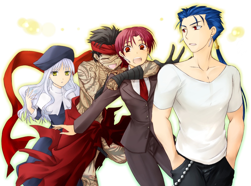 akiha, akiha (ominaeshi), angra mainyu (fate), bazett fraga mcremitz, caren hortensia, cu chulainn (casual wear) (fate), cu chulainn (fate), cu chulainn (lancer) (fate), fate/hollow ataraxia, fate/stay night, fate (series), bad id, bad pixiv id, 00s, 2boys, 2girls, formal clothes, full-body tattoo, multiple boys, multiple girls, necktie, pant suit, pants, red necktie, suit, tattoo, topless male