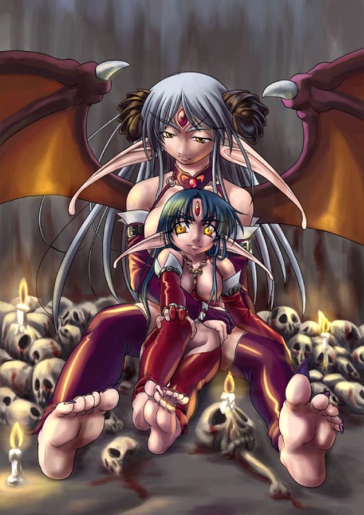man (trance), original, silver hair, 2girls, barefoot, candle, demon girl, demon wings, feet, green hair, horns, long hair, multiple girls, pointy ears, skull, wings, yellow eyes