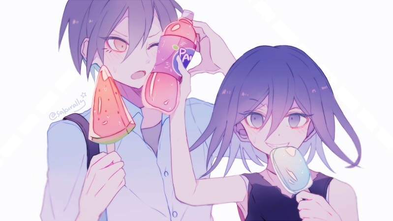 sakura (fein5862817), oma kokichi, saihara shuichi, danganronpa (series), danganronpa v3: killing harmony, commentary request, 2boys, aegyo sal, alternate costume, annoyed, bag, bare arms, bare shoulders, black hair, black tank top, bottle, dress shirt, food, frown, grey tank top, grin, hair between eyes, height difference, holding, holding bottle, holding food, holding popsicle, long eyelashes, looking at another, multiple boys, pointy nose, popsicle, purple eyes, purple hair, shirt, short hair, short sleeves, shoulder bag, simple background, smile, smug, soda, soda bottle, tank top, torn clothes, torn tank top, twitter username, upper body, v-shaped eyebrows, watermelon bar, white background, white shirt, yellow eyes