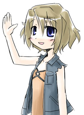 kugelschreiber, ellis, ellis (el cazador de la bruja), el cazador de la bruja, lowres, 00s, 1girl, blonde hair, blue eyes, female focus, short hair, simple background, solo, white background
