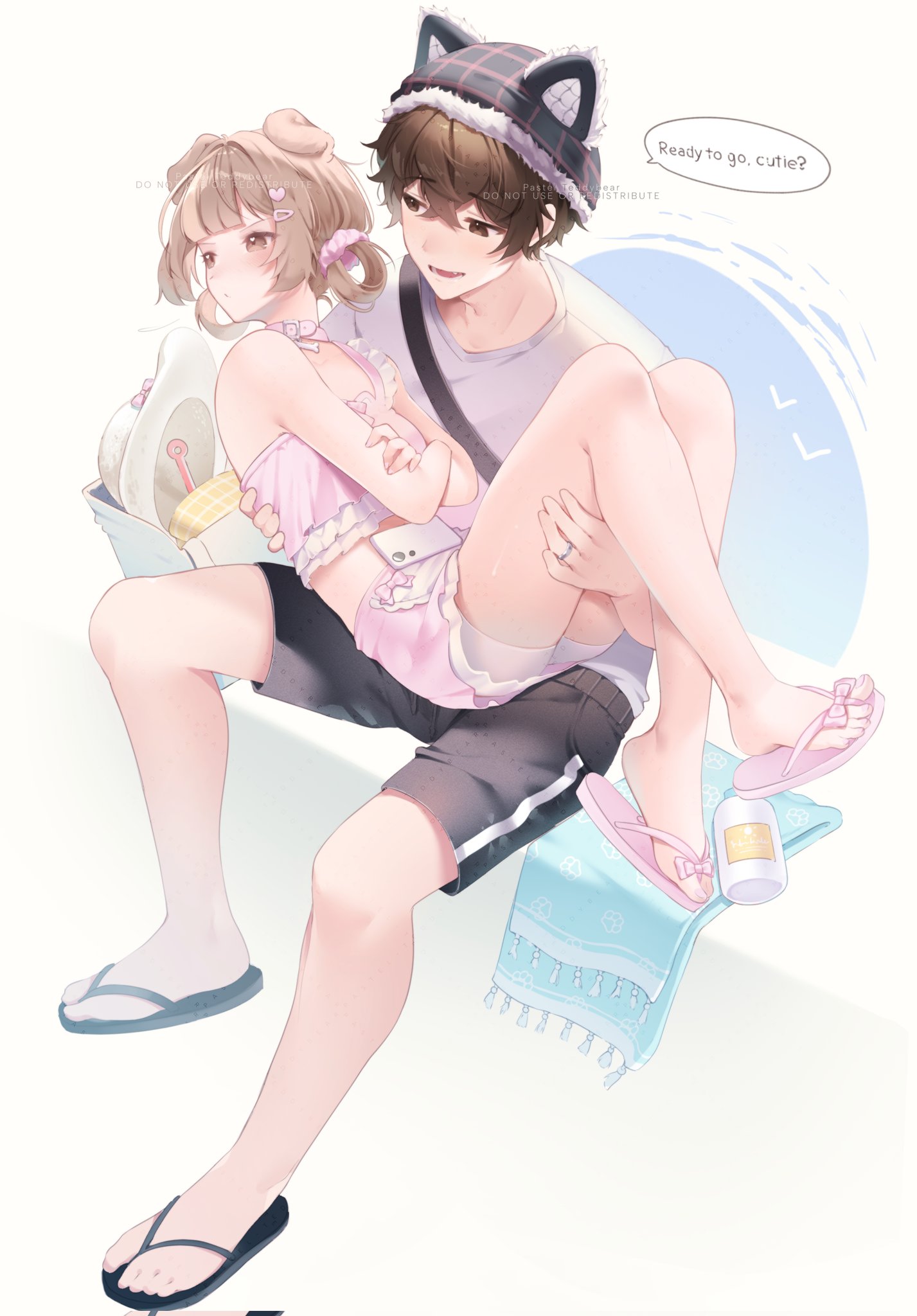 pastel teddybear, original, commentary, highres, 1boy, 1girl, animal ear headwear, animal ears, bag, black sandals, black shoes, black shorts, blunt bangs, bottle, bow, brown eyes, carrying, carrying person, cellphone, collar, couple, crop top, crossed bangs, dog girl, english text, fake animal ears, hair ornament, hat, headphones, heart, heart hair ornament, jewelry, lotion, midriff, phone, pink sandals, pink shirt, pink shorts, pout, ring, sandals, shirt, shoes, short hair, shorts, shoulder bag, simple background, simple bird, smartphone, sunscreen, towel, unworn headwear, white shirt