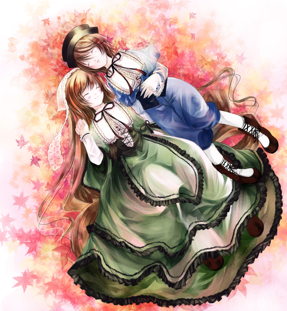 kaedena akino, miyabi akino, souseiseki, suiseiseki, rozen maiden, bad id, bad pixiv id, 00s, 2girls, akinon, brown hair, closed eyes, dress, frills, hat, headscarf, leaf, long hair, maple leaf, multiple girls, pantyhose, short hair, siblings, sisters, sleeping, smile, twins, very long hair, white headscarf