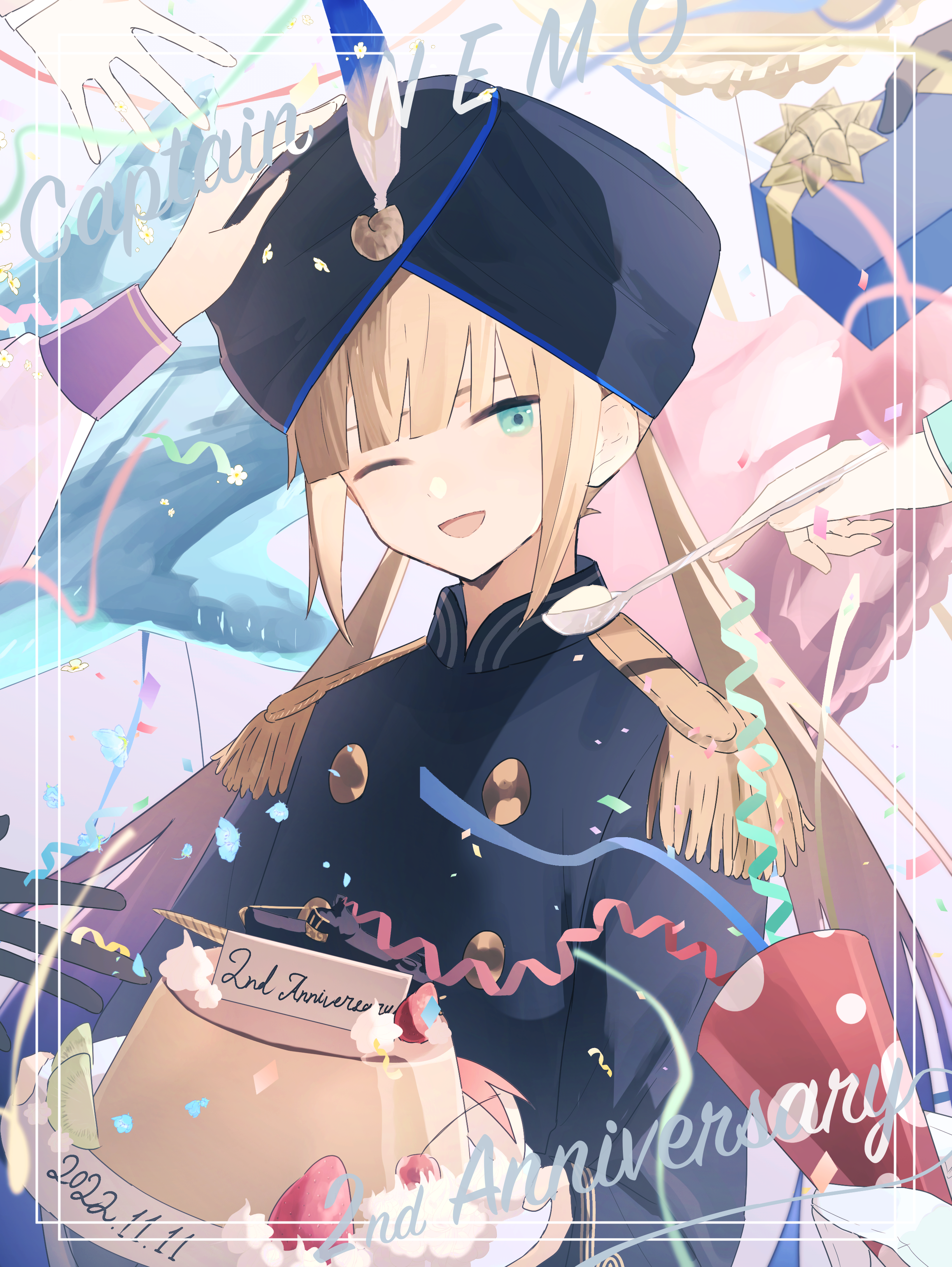 ninjin (ne f g o), captain nemo (fate), nemo (fate), fate/grand order, fate (series), absurdres, highres, 1boy, anniversary, blonde hair, blue eyes, dated, epaulettes, food, hat feather, holding, holding plate, long hair, male focus, one eye closed, open mouth, out of frame, party popper, plate, pudding, solo focus, trap, turban, twintails