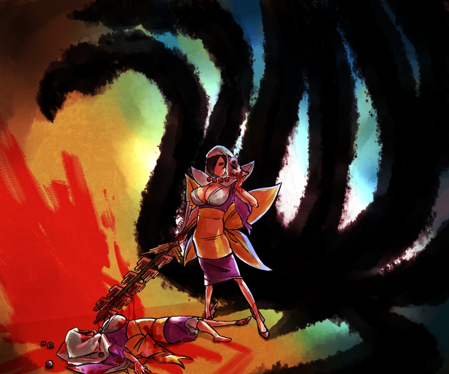 yukataro, ninetails (ookami), rao, tsuzurao, ookami (game), bad id, bad pixiv id, spoilers, 2girls, barefoot, blood, breasts, cleavage, death, hood, huge breasts, multiple girls, multiple tails, sword, tail, weapon