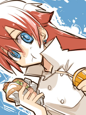inuinui, nadie, el cazador de la bruja, lowres, 00s, 1girl, blue eyes, eating, female focus, food, mexico, red hair, solo