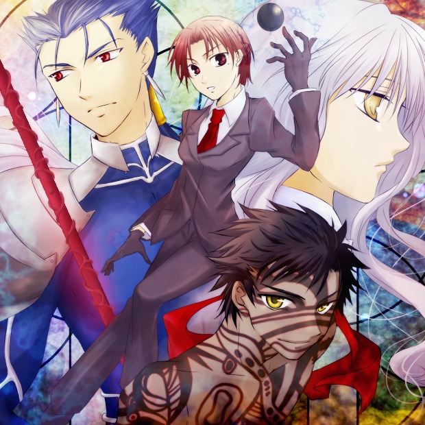 akiha, akiha (ominaeshi), angra mainyu (fate), bazett fraga mcremitz, caren hortensia, cu chulainn (fate), cu chulainn (fate/stay night), cu chulainn (lancer) (fate), fate/hollow ataraxia, fate/stay night, fate (series), silver hair, 00s, 2boys, 2girls, black hair, blue hair, dark-skinned male, dark skin, formal clothes, fragarach (fate), full-body tattoo, gae bolg (fate), gloves, long hair, mole, mole under eye, multiple boys, multiple girls, necktie, pant suit, pants, polearm, ponytail, red eyes, red hair, short hair, spear, suit, tattoo, weapon, yellow eyes