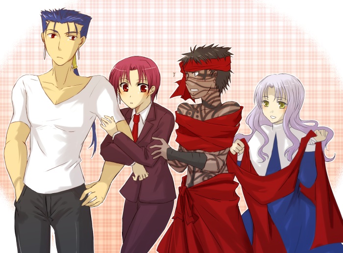 akiha, akiha (ominaeshi), angra mainyu (fate), bazett fraga mcremitz, caren hortensia, cu chulainn (casual wear) (fate), cu chulainn (fate), cu chulainn (lancer) (fate), fate/hollow ataraxia, fate/stay night, fate (series), 00s, 2boys, 2girls, blush, formal clothes, multiple boys, multiple girls, pant suit, pants, suit, tattoo
