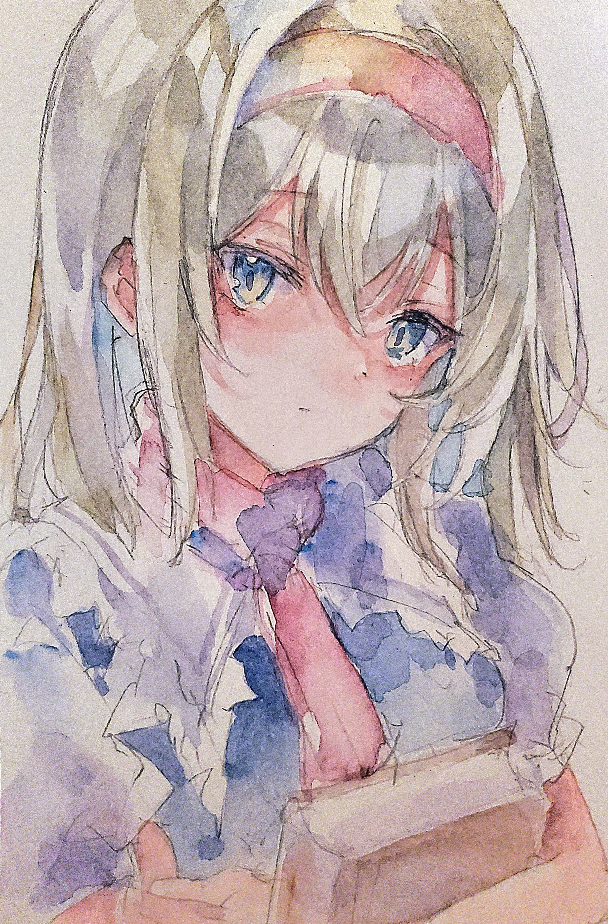 kamu kotan, alice margatroid, touhou, absurdres, highres, painting (medium), traditional media, watercolor (medium), blonde hair, blue eyes, blush, book, bow, frills, headband, holding, looking at viewer, ribbon, serious, short hair, upper body