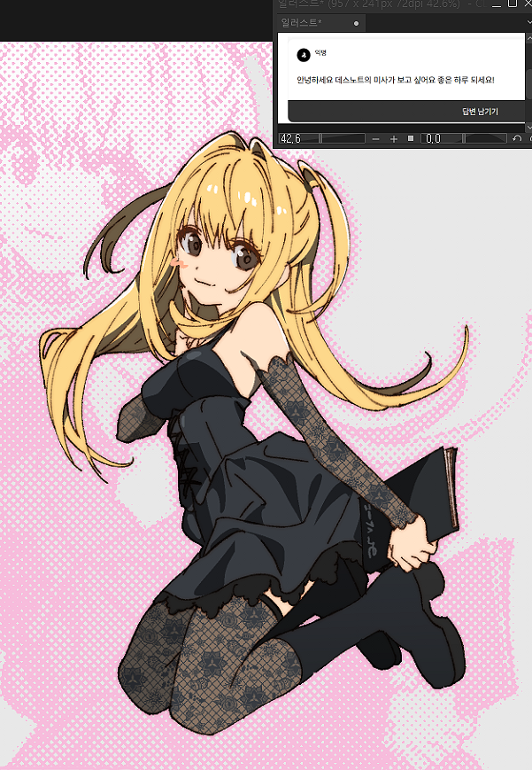 amane misa, death note, 1girl, bare shoulders, black boots, black dress, blonde hair, blush, boots, breasts, closed mouth, death note (object), dress, finger to cheek, floating, grey eyes, hair between eyes, half updo, holding, holding notebook, lace, lace sleeves, lace thighhighs, light smile, long hair, looking at viewer, medium breasts, notebook, pink background, qwertpoiuy001, short dress, short twintails, sleeveless, sleeveless dress, solo, spaghetti strap, thighhighs, twintails, zettai ryouiki