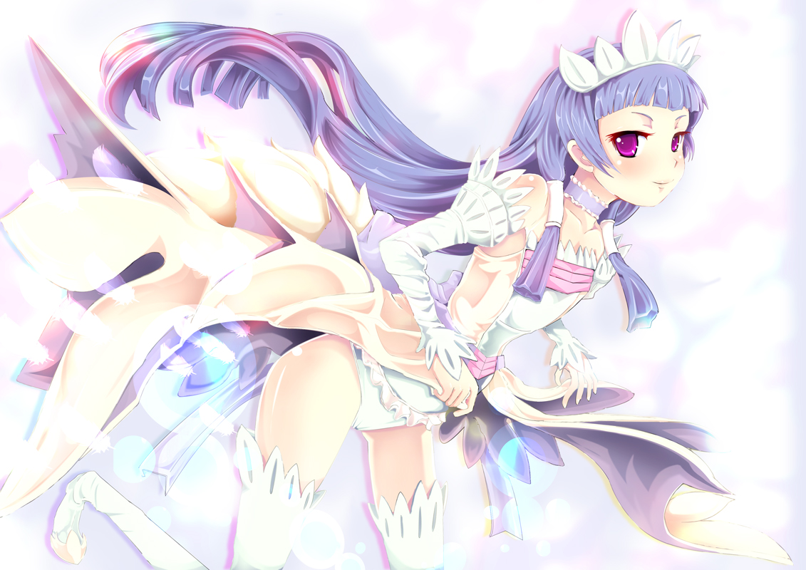 teruru, nagi, kannagi, 1girl, bad anatomy, bad feet, blue hair, blunt bangs, cosplay, dress, feet, female focus, long hair, poorly drawn, purple eyes, solo, thighhighs