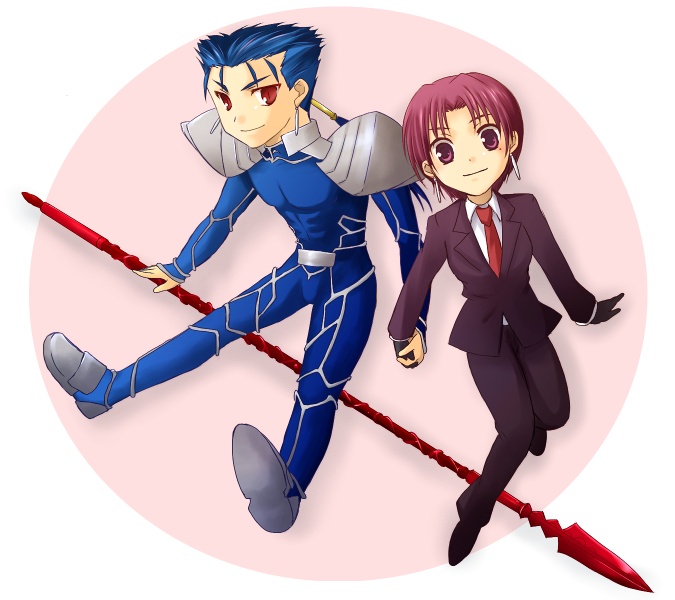 akiha, akiha (ominaeshi), bazett fraga mcremitz, cu chulainn (fate), cu chulainn (fate/stay night), cu chulainn (lancer) (fate), fate/hollow ataraxia, fate/stay night, fate (series), 00s, 1boy, 1girl, couple, formal clothes, gae bolg (fate), hetero, holding hands, long hair, mole, mole under eye, pant suit, pants, polearm, ponytail, short hair, spear, suit, weapon