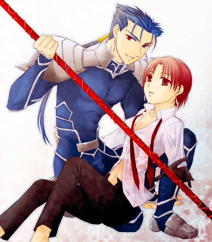 akiha, akiha (ominaeshi), bazett fraga mcremitz, cu chulainn (fate), cu chulainn (fate/stay night), cu chulainn (lancer) (fate), fate/hollow ataraxia, fate/stay night, fate (series), 00s, 1boy, 1girl, formal clothes, midriff, pant suit, pants, suit