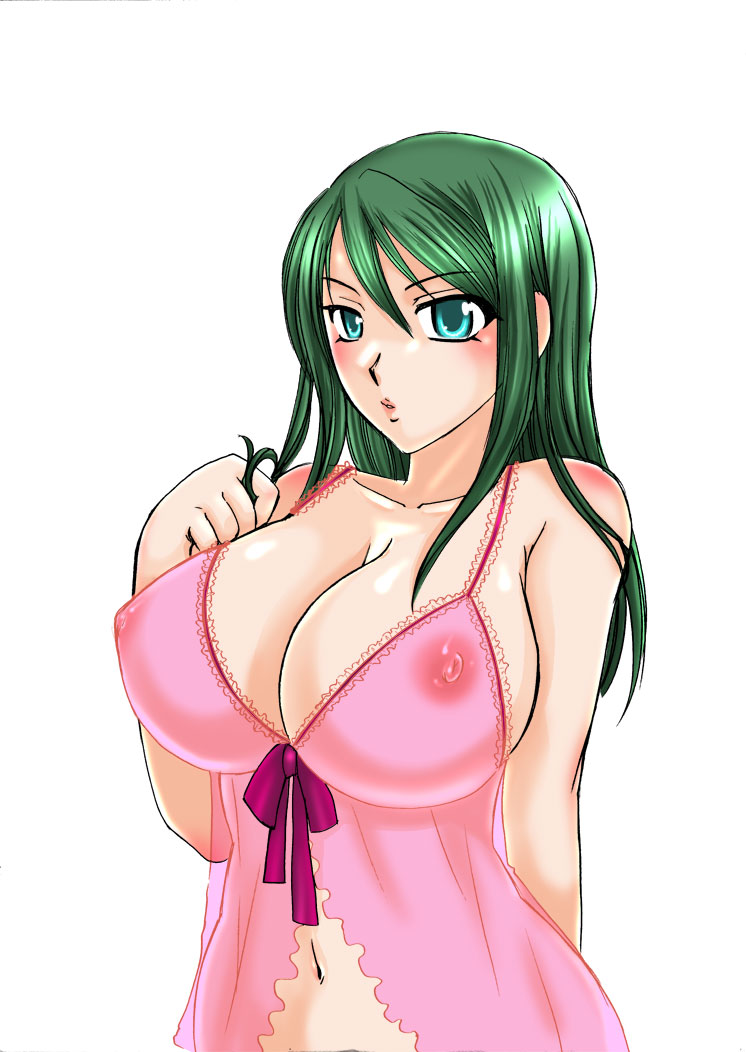 ureshino, breasts, cleavage, green eyes, green hair, huge breasts, lingerie, long hair, navel, nightgown, nipples, see-through clothes, solo, underwear