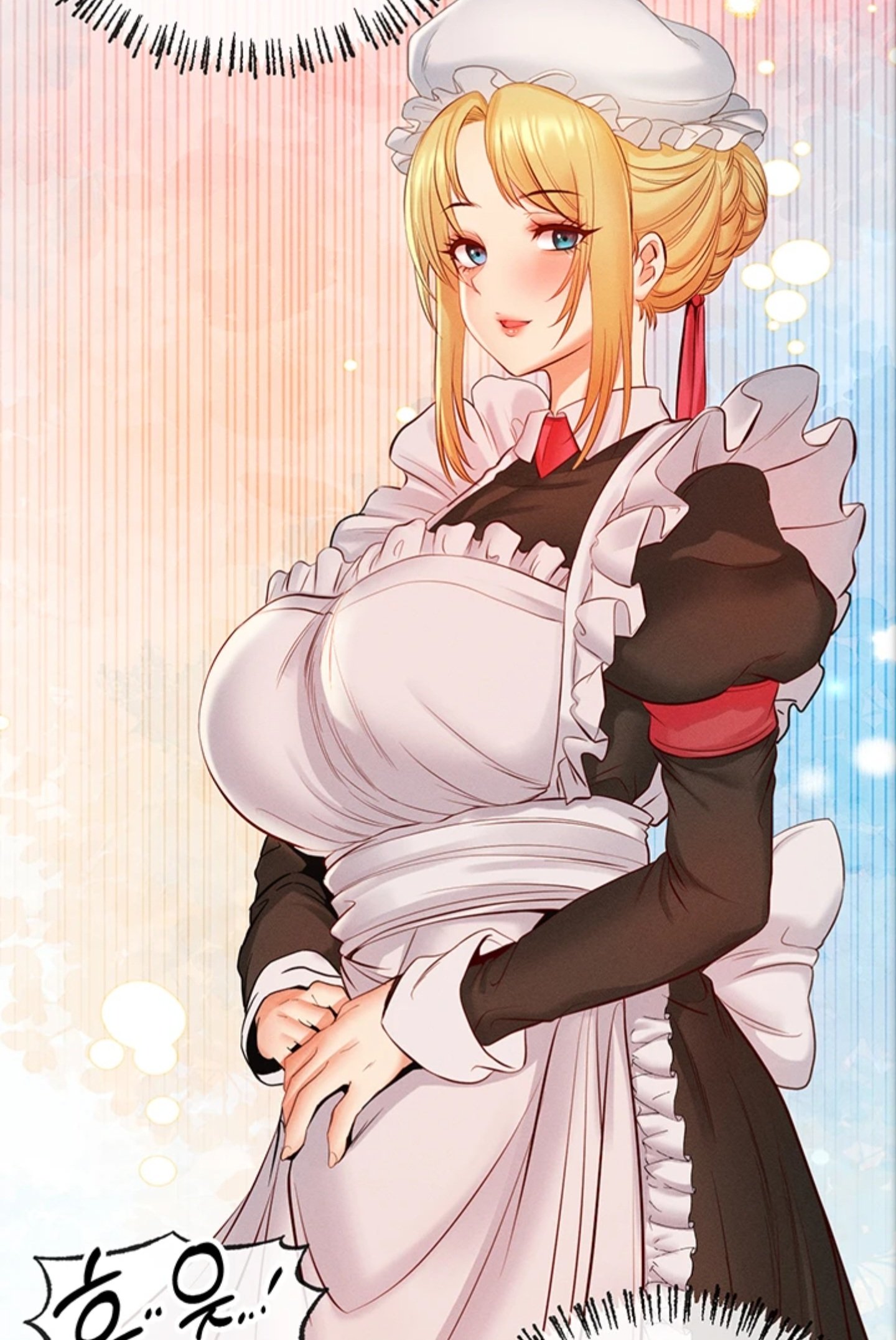etidekailo, highres, 1girl, apron, black dress, blonde hair, blue eyes, blush, braid, breasts, dress, frills, hair bun, hat, juliet sleeves, large breasts, lips, long sleeves, looking at viewer, maid, maid apron, maid headdress, mob cap, pregnant, puffy sleeves, ribbon, sidelocks, single hair bun, smile, solo, white apron