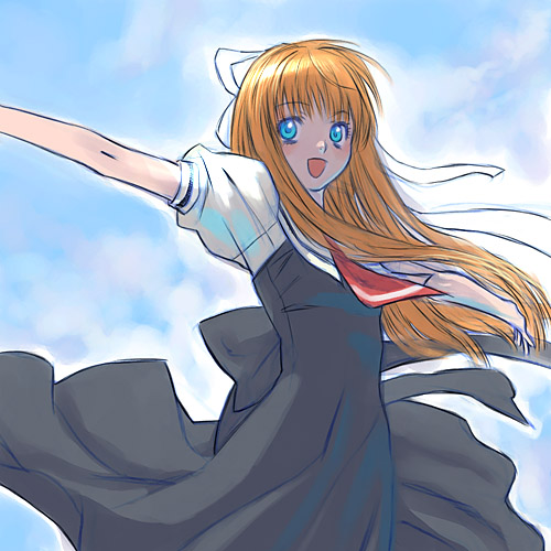 sakamoto mineji, kamio misuzu, air (visual novel), lowres, 00s, 1girl, :d, blonde hair, blue eyes, female focus, long hair, open mouth, outstretched arms, school uniform, smile, solo, spread arms