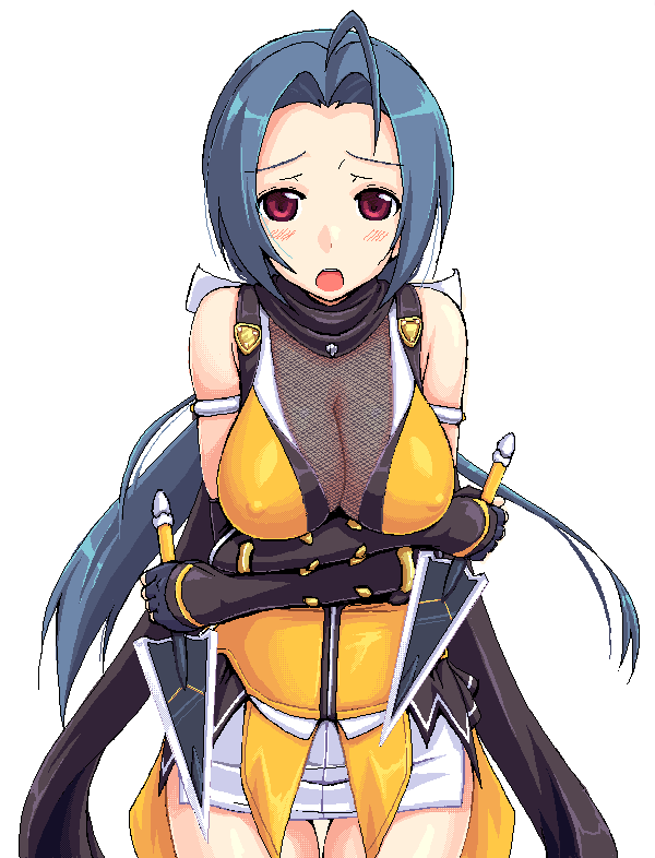 takayaki, miura azusa, takamori haruka, choukou (alicesoft), choukou sennin haruka, idolmaster, idolmaster (classic), idolmaster 1, breast hold, 1girl, ahoge, armband, bare shoulders, blue hair, blush, breast suppress, breasts, cleavage, cosplay, covered erect nipples, crossed arms, dual wielding, female focus, fishnets, holding, knife, kunai, large breasts, long hair, miniskirt, ninja, oekaki, open mouth, parody, red eyes, reverse grip, ribbon, simple background, skirt, solo, takamori haruka (cosplay), weapon, white background